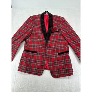 Zacchi Blazer Mens 44R Sport Coat Red Tartan Plaid Velvet Trim Holiday Tuxedo